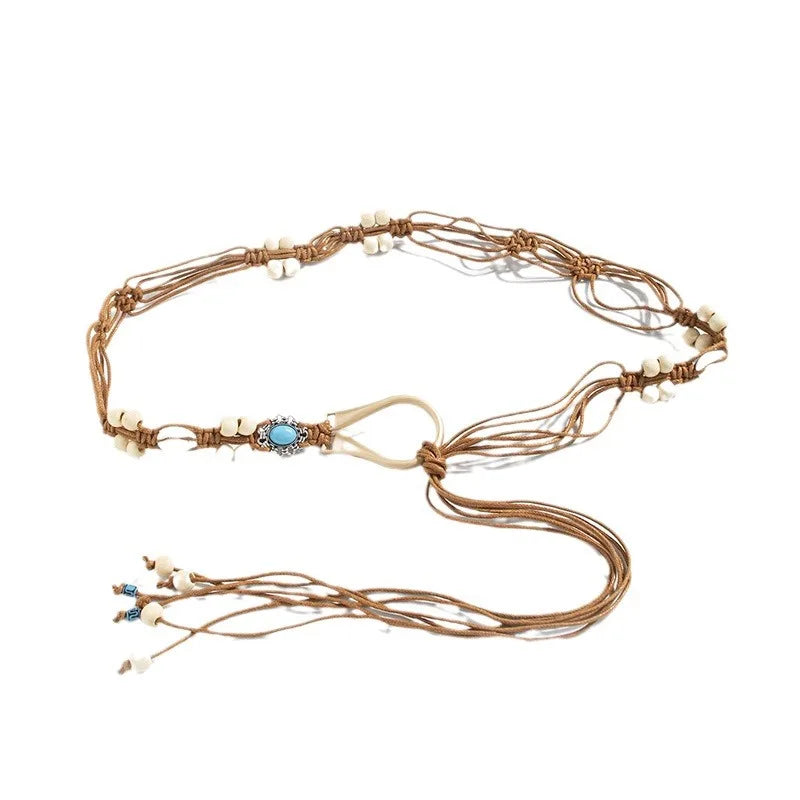 Boho 1pc 's Double Row Beaded Wax Rope Braided Waist Belt