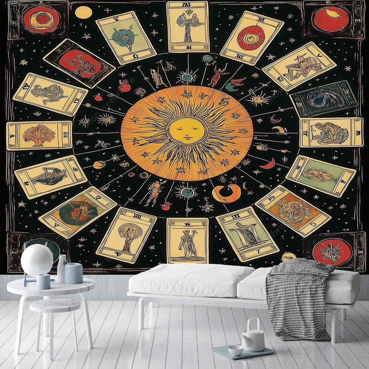 Mystical Celestial Sun Tarot Astrology Tapestry Sacred Geometry Wall Art for Bohemian Home Decor Spiritual Space Design