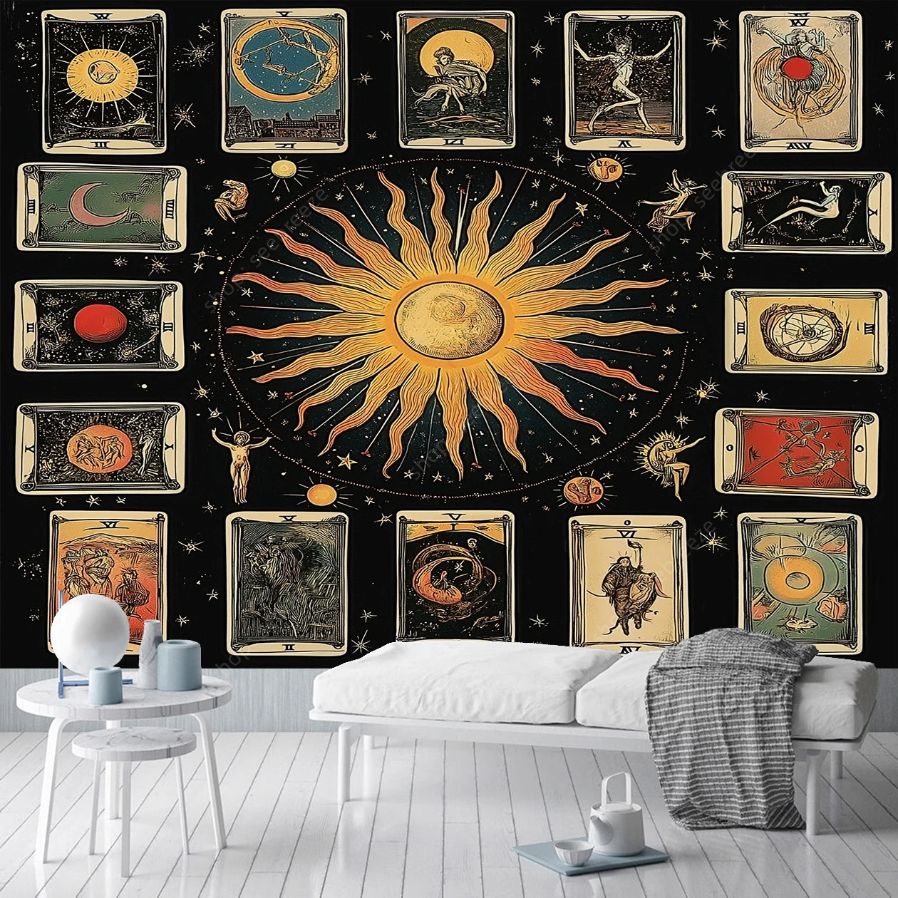 Mystical Celestial Sun Tarot Astrology Tapestry Sacred Geometry Wall Art for Bohemian Home Decor Spiritual Space Design