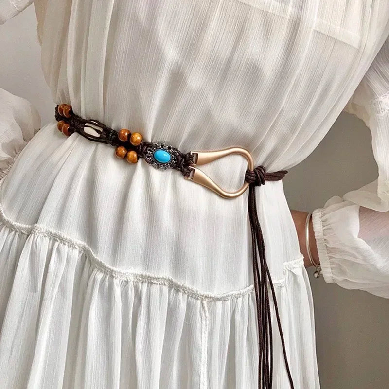 Boho 1pc 's Double Row Beaded Wax Rope Braided Waist Belt