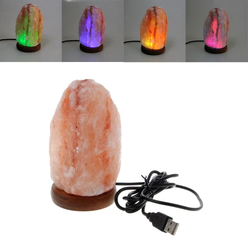 Hand Carved USB Wooden Base Himalayan Rock Salt Table Lamp Air Purifier Night Light Room Decoration Home Drop Shipping Led decor