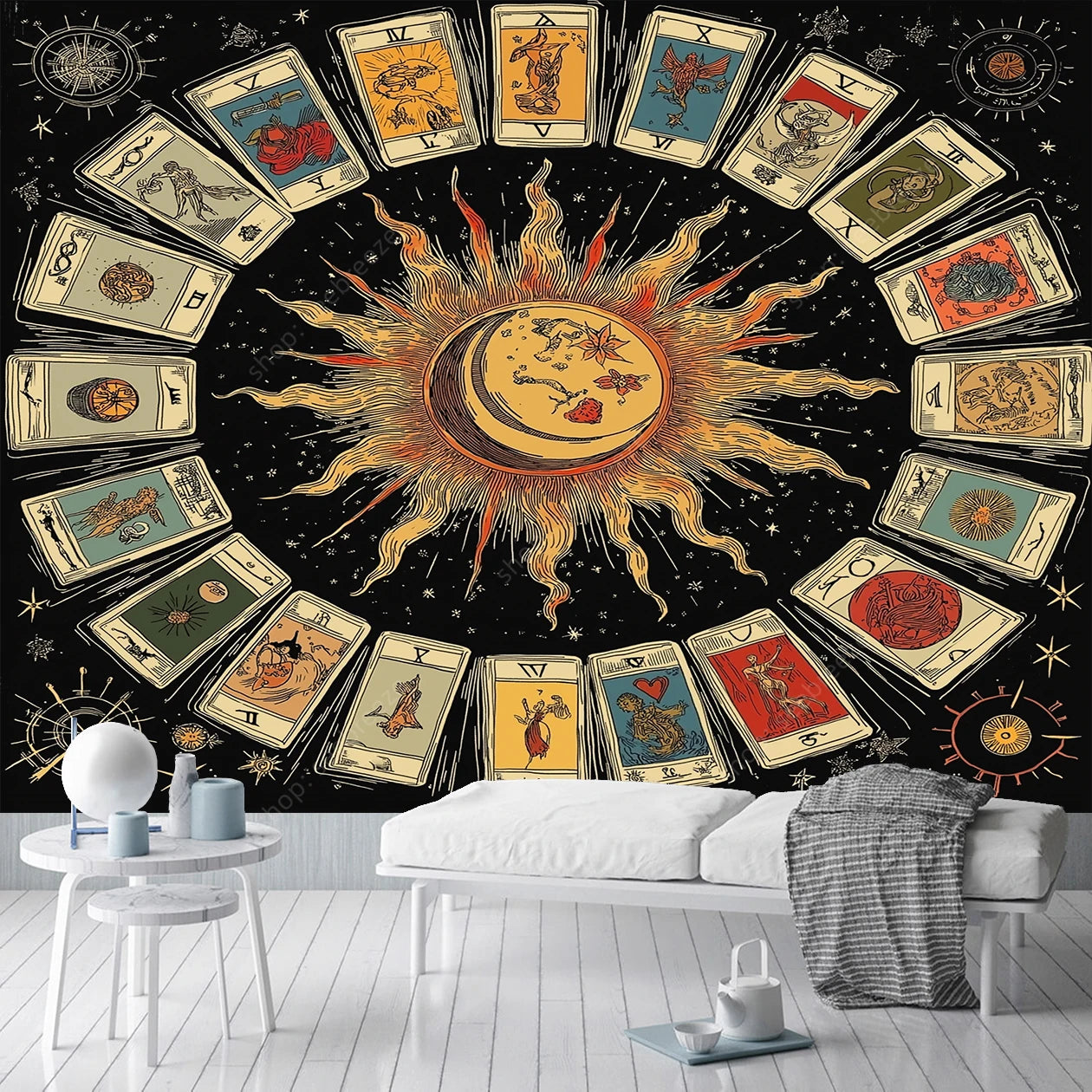 Mystical Celestial Sun Tarot Astrology Tapestry Sacred Geometry Wall Art for Bohemian Home Decor Spiritual Space Design