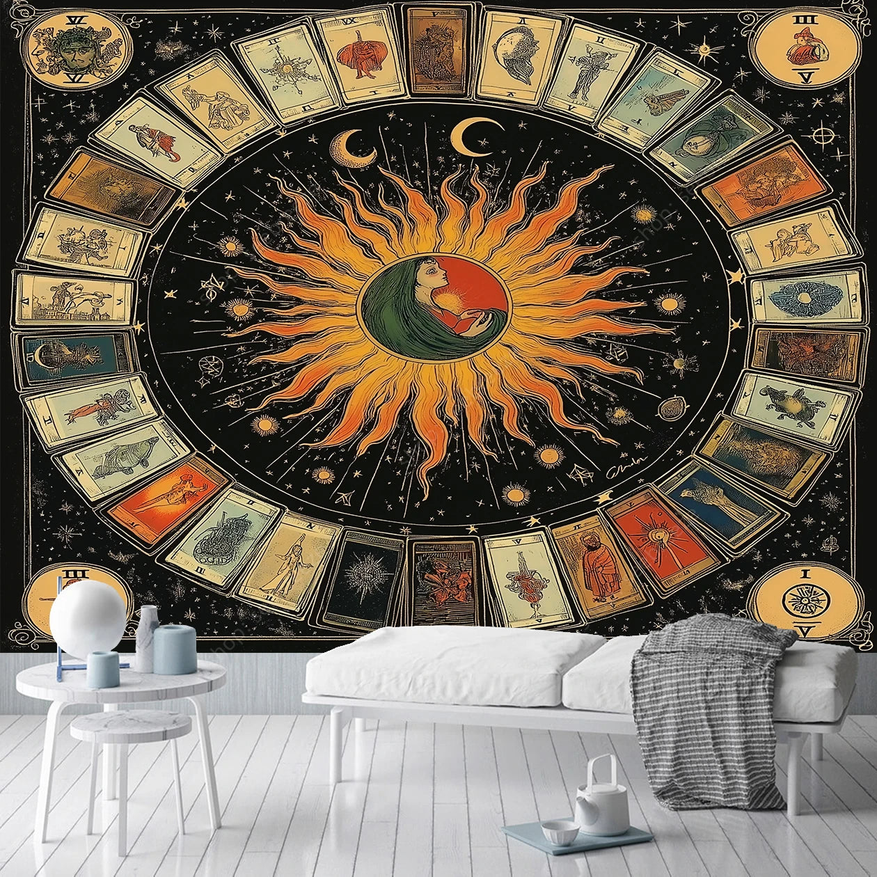 Mystical Celestial Sun Tarot Astrology Tapestry Sacred Geometry Wall Art for Bohemian Home Decor Spiritual Space Design