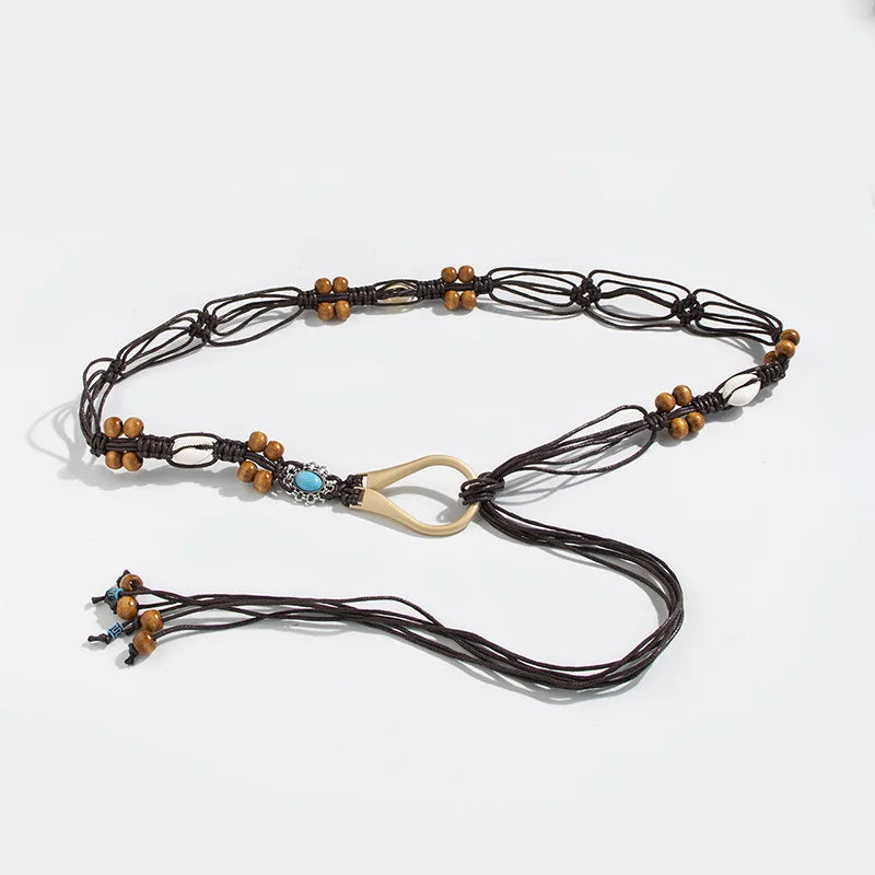 Boho 1pc 's Double Row Beaded Wax Rope Braided Waist Belt