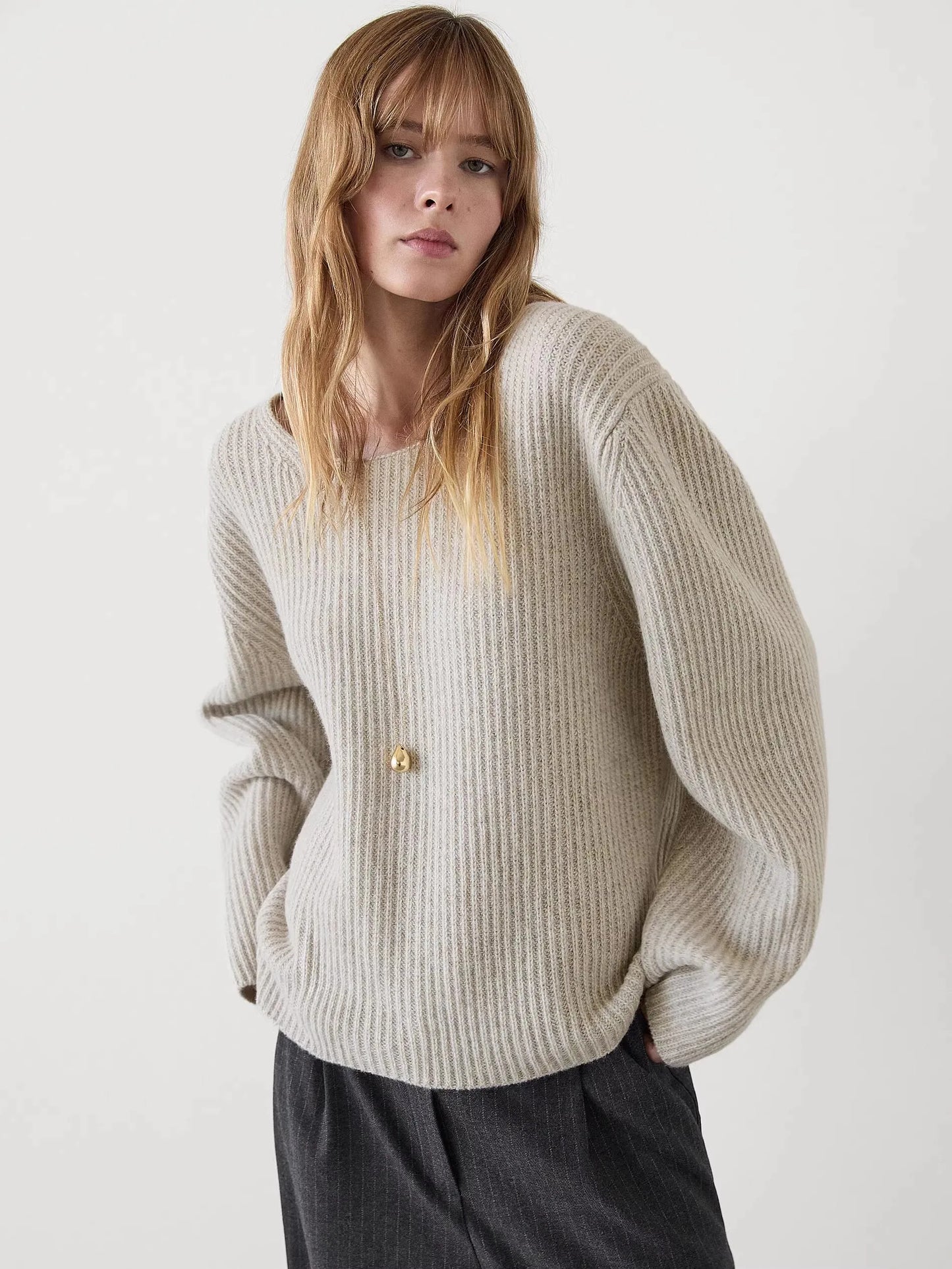 Ethereal MD 2025 massdutti spring new style of Women's casual slackness slouch minimalist brown crew neck sweater sweater