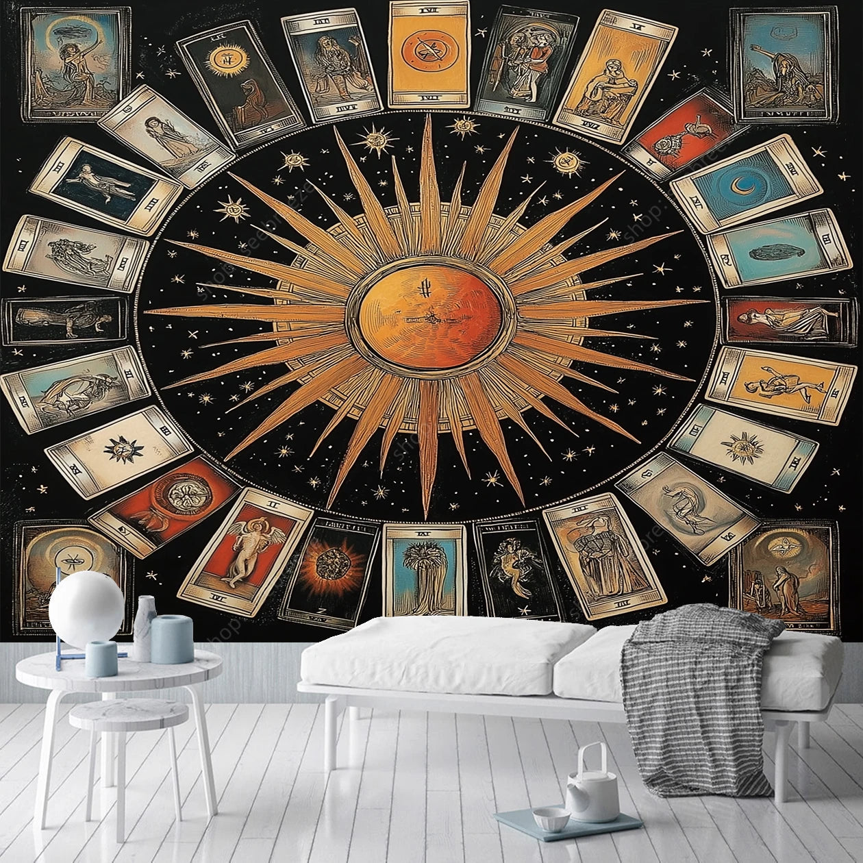 Mystical Celestial Sun Tarot Astrology Tapestry Sacred Geometry Wall Art for Bohemian Home Decor Spiritual Space Design