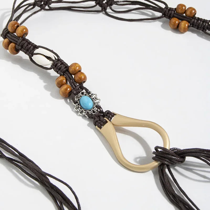 Boho 1pc 's Double Row Beaded Wax Rope Braided Waist Belt