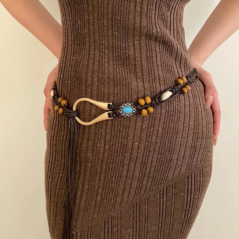 Boho 1pc 's Double Row Beaded Wax Rope Braided Waist Belt