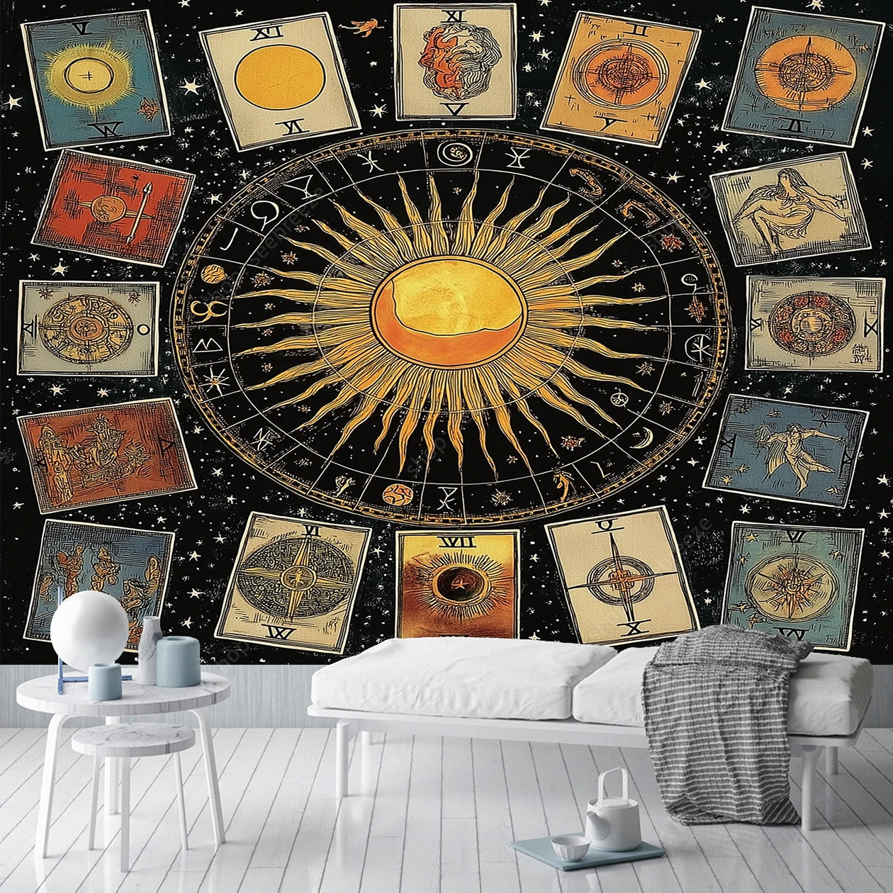 Mystical Celestial Sun Tarot Astrology Tapestry Sacred Geometry Wall Art for Bohemian Home Decor Spiritual Space Design