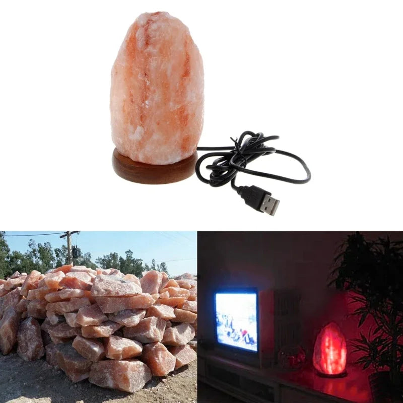 Hand Carved USB Wooden Base Himalayan Rock Salt Table Lamp Air Purifier Night Light Room Decoration Home Drop Shipping Led decor