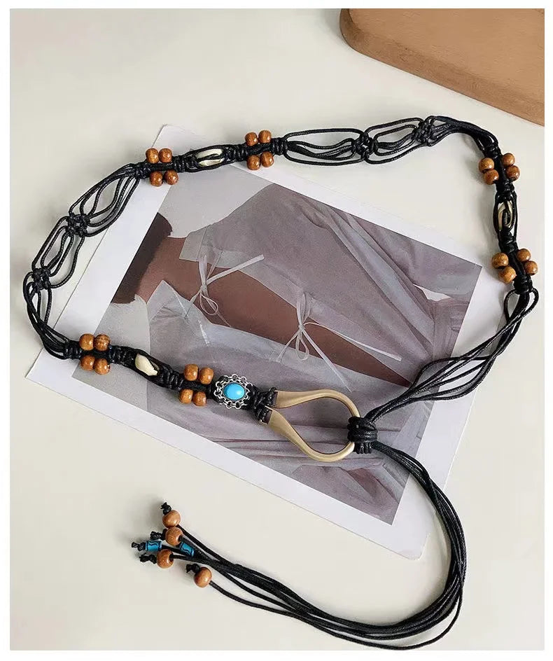 Boho 1pc 's Double Row Beaded Wax Rope Braided Waist Belt