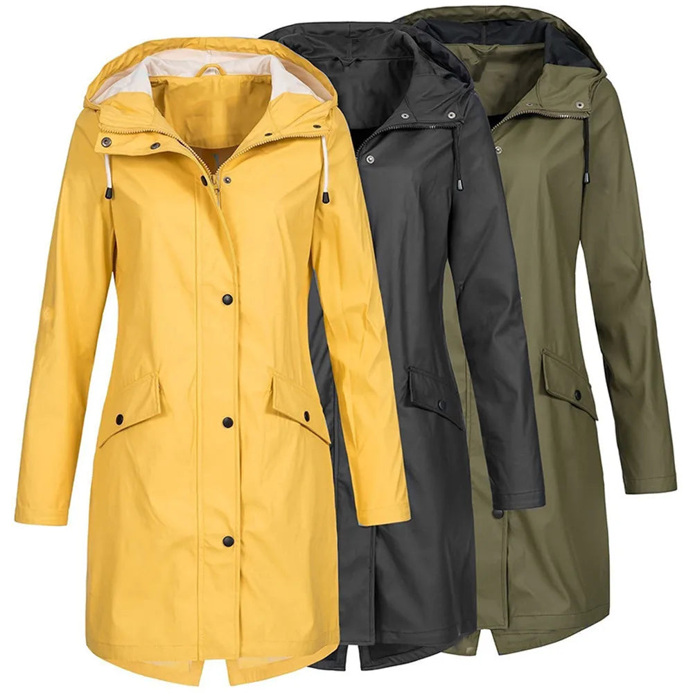 Women's Solid Rain Jacket 2021 Outdoor Hiking Hoodie Waterproof WindProof Long Coat Femme Warm Outwear Plus Size Women Clothing