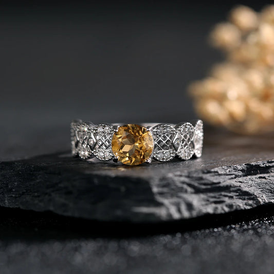 6.5mm Natural Citrine Warm Color Hue Gemstone S925 Silver Ring for Women Exquisite Handcraftshsip Bohemian Jewelry