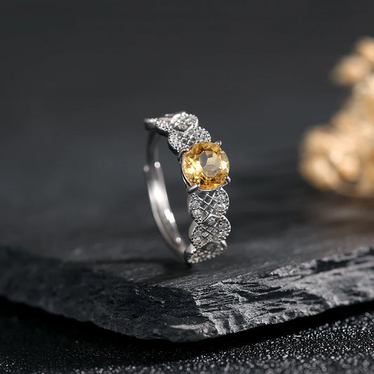 6.5mm Natural Citrine Warm Color Hue Gemstone S925 Silver Ring for Women Exquisite Handcraftshsip Bohemian Jewelry