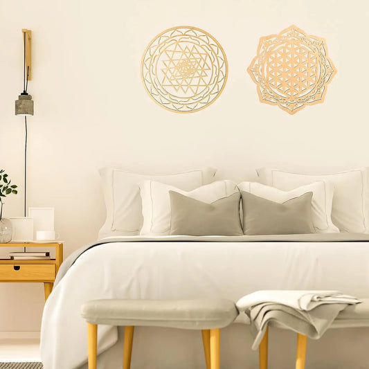 4 Pieces 12 Inch Sacred Geometry Wall Art Meditation Decor Wooden Crystal Grid Board Include Metatron's Cube, Flower of Life, Sr