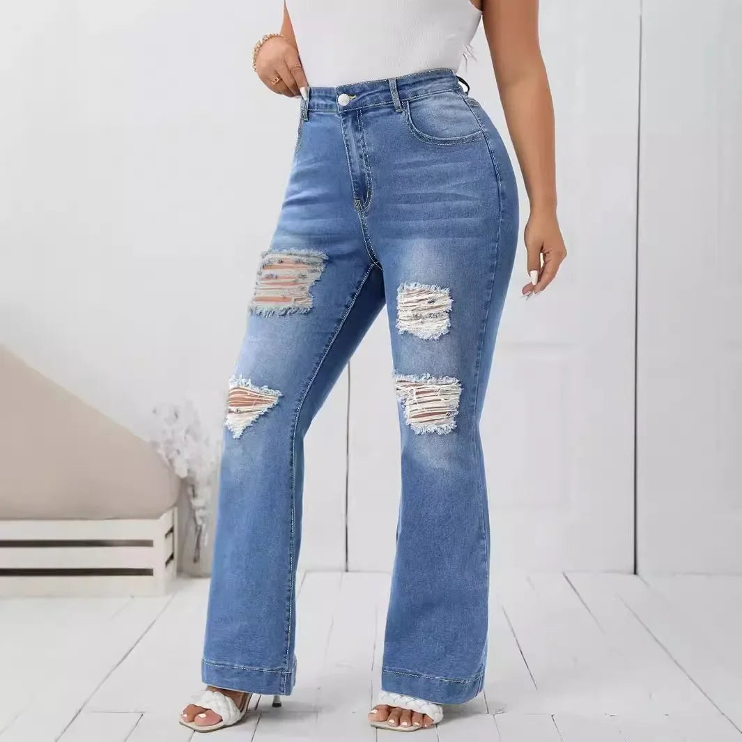 Plus Size Denim Jeans Trendy Elastic Hole Punching Wide Leg Pants for plus Size Women Comfortable Quality Direct Sale