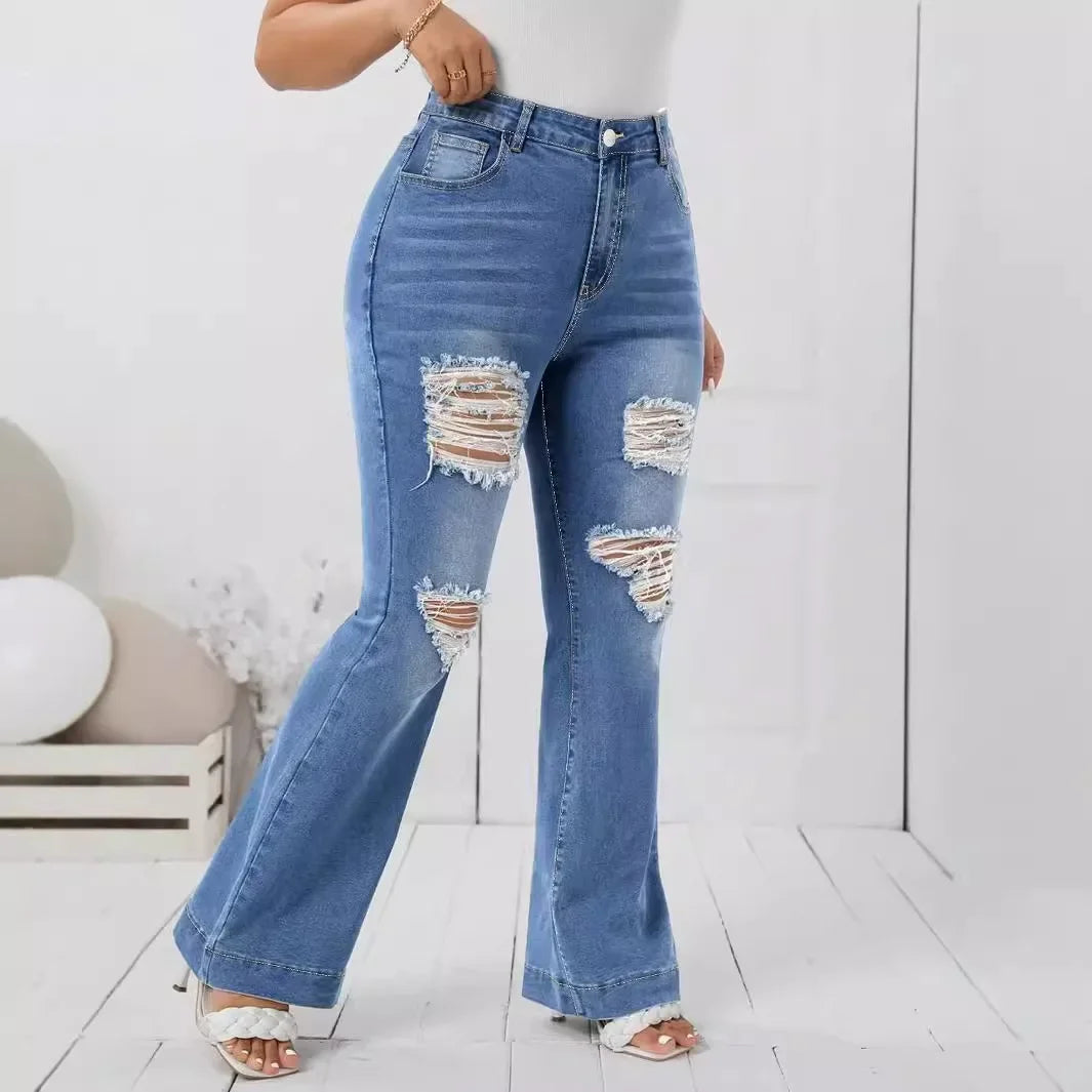 Plus Size Denim Jeans Trendy Elastic Hole Punching Wide Leg Pants for plus Size Women Comfortable Quality Direct Sale