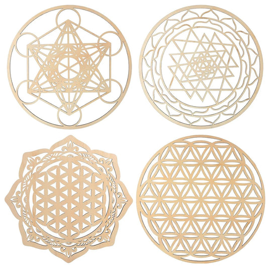 4 Pieces 12 Inch Sacred Geometry Wall Art Meditation Decor Wooden Crystal Grid Board Include Metatron's Cube, Flower of Life, Sr