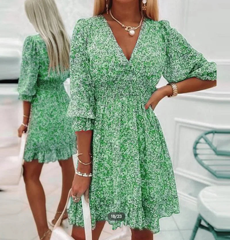 Bohemian Flower Mini Dress Women V Neck Short Sleeve Print Floral Party Dress Pullover Summer Short Boho Dress