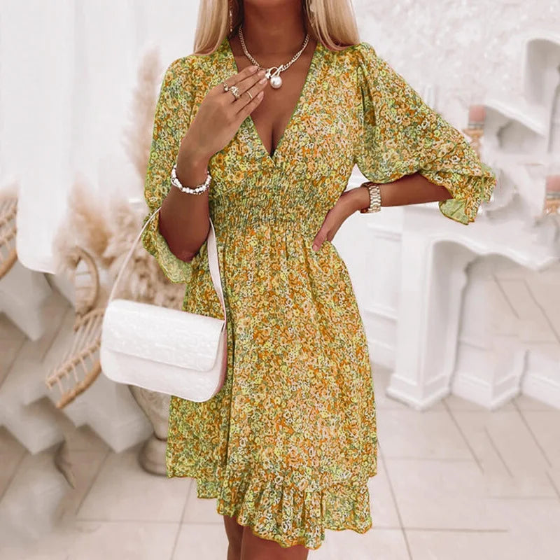 Bohemian Flower Mini Dress Women V Neck Short Sleeve Print Floral Party Dress Pullover Summer Short Boho Dress