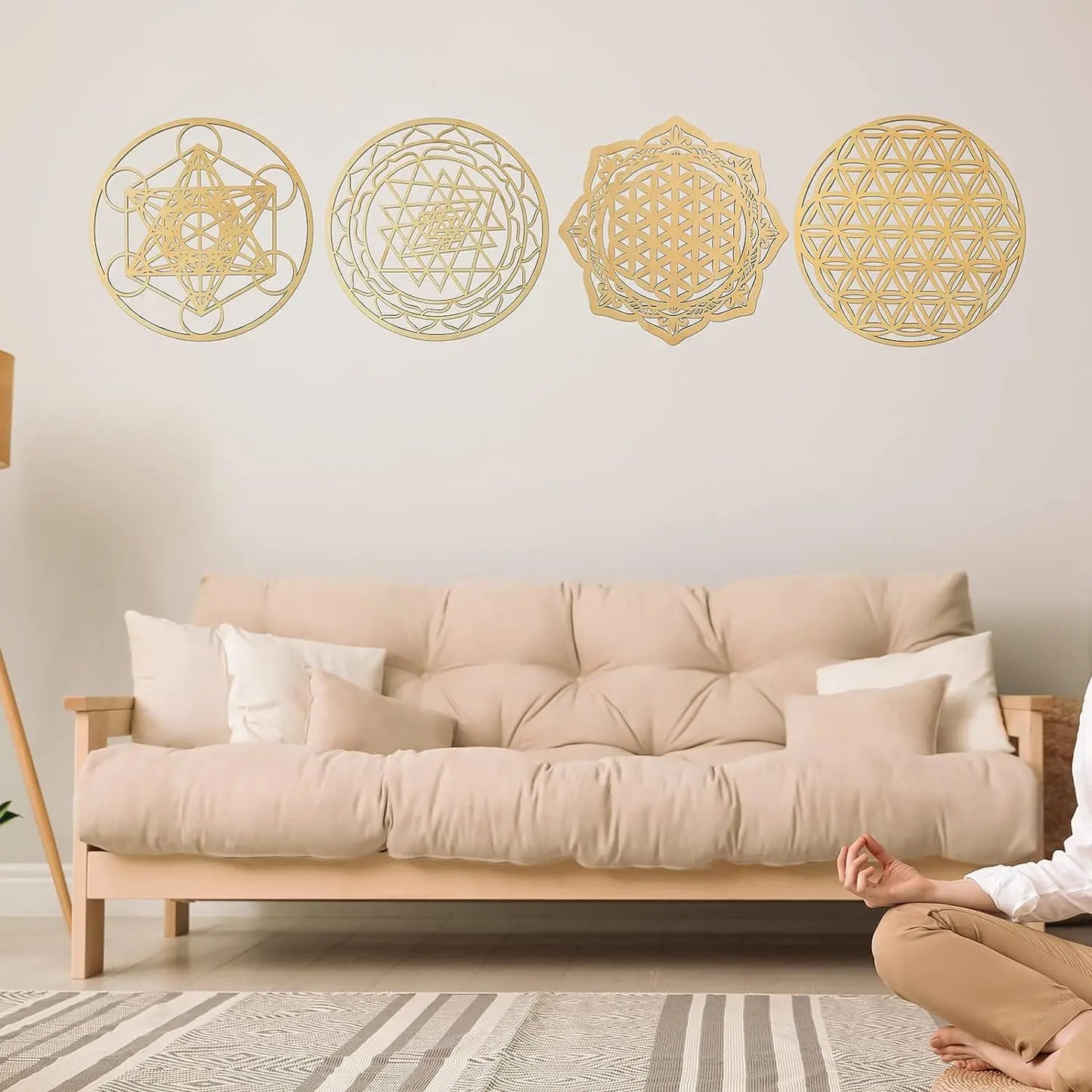 4 Pieces 12 Inch Sacred Geometry Wall Art Meditation Decor Wooden Crystal Grid Board Include Metatron's Cube, Flower of Life, Sr