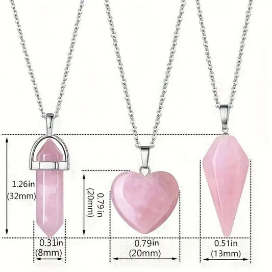 3pcs Rose Quartz Necklaces Pendants Set For Spiritual Energy Witchcraft Reiki, Holiday Gift, Birthday Gift