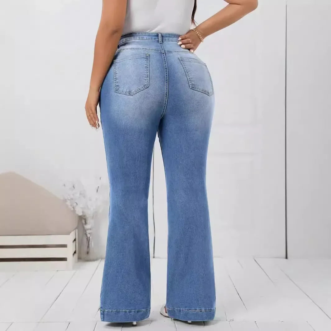 Plus Size Denim Jeans Trendy Elastic Hole Punching Wide Leg Pants for plus Size Women Comfortable Quality Direct Sale