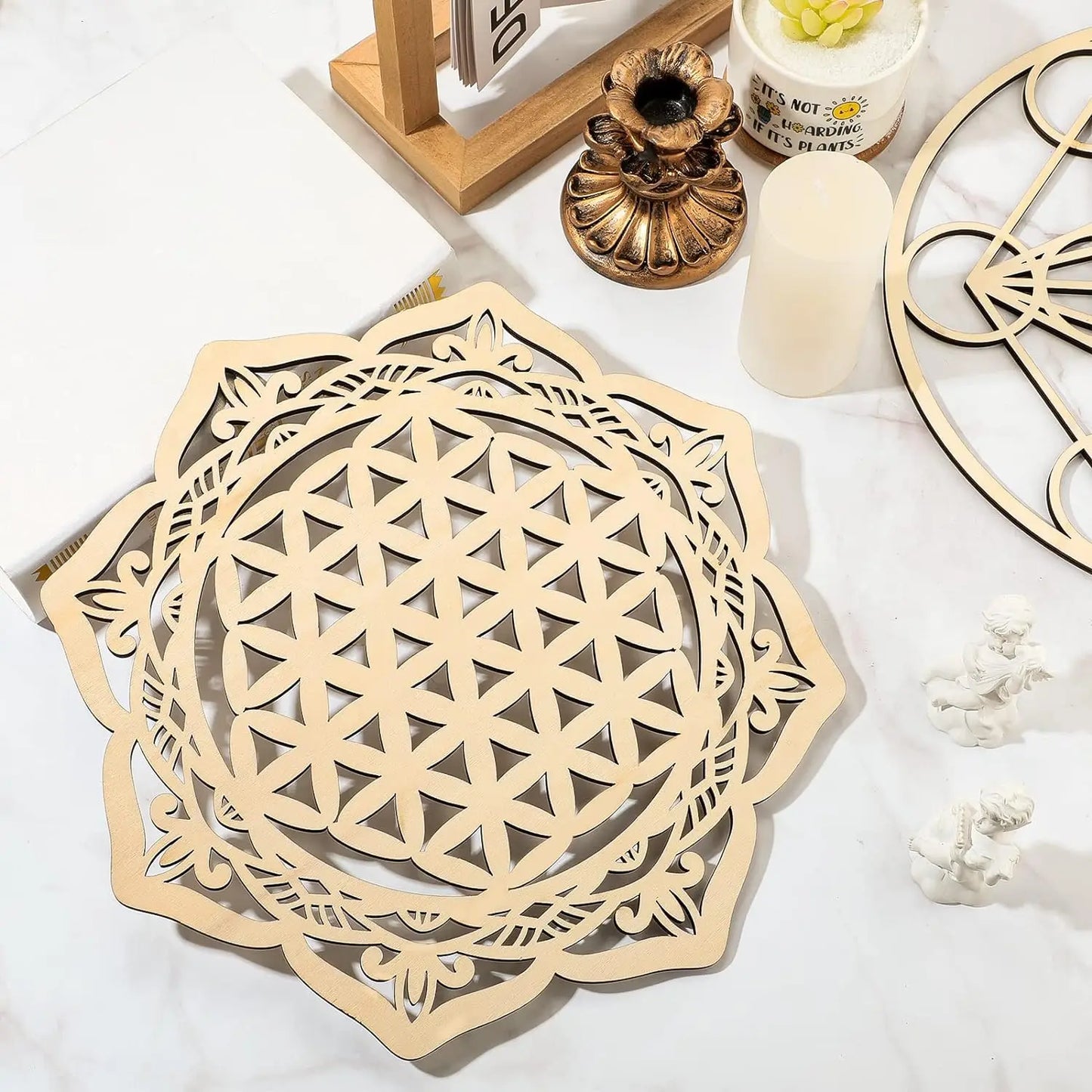 4 Pieces 12 Inch Sacred Geometry Wall Art Meditation Decor Wooden Crystal Grid Board Include Metatron's Cube, Flower of Life, Sr