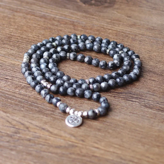 108 Mala Labradorite Beads Lotus OM Buddha Charm Yoga Bracelet or Necklace Natural Stone for Women Men