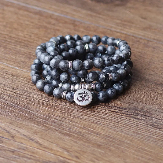 108 Mala Labradorite Beads Lotus OM Buddha Charm Yoga Bracelet or Necklace Natural Stone for Women Men